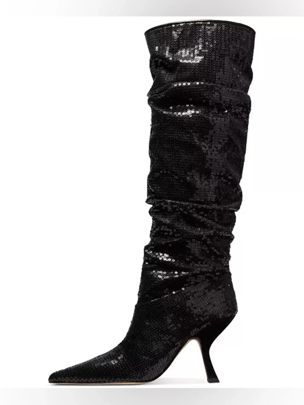 Black Sequin Knee-High Pointed Toe Heeled Boots - Women